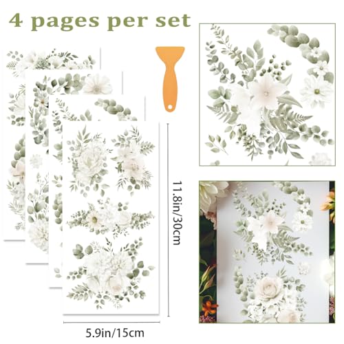 4 Sheets White Rose Flower Rub on Transfers for Crafts, 12×6in