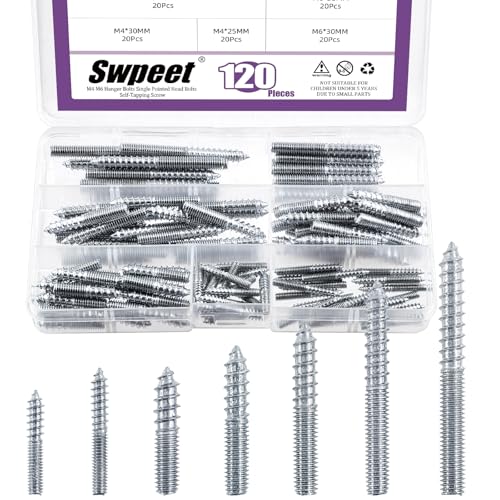 Swpeet 120Pcs 7 Sizes M4 M6 Zinc Hanger Bolts Assortment Kit, Double Headed Bolts, Self-Tapping Screw Hanger Bolts, Dowel Screw Bolts Threaded Rods Bolt Furniture Screws for Wood Furniture Joint - color: Single-White