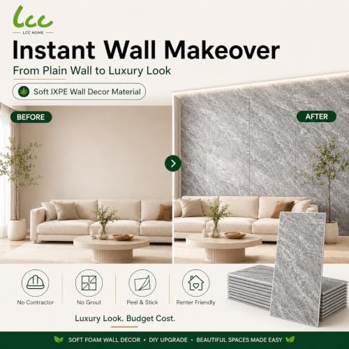 LCC Peel and Stick Wall Panels, Marble Look Backsplash Panels, Lightweight Wall Covering for Kitchen, Bathroom, Living Room & Bedroom (50, Modern Stone Grey) - color: Modern Stone Grey