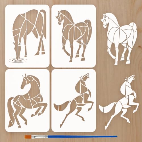 FINGERINSPIRE 4 Pcs Geometric Horses Painting Stencil with Paintbrush 11.7x8.3inch Reusable Elegant Horse Stencils for Painting on Wood, Fabric, Canvas & Furniture Home Decor - style: Geometric Horses