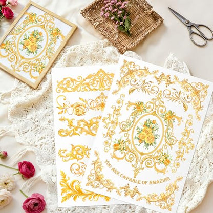 Joeyan Rub On Transfers for Crafts and Furniture, 2 Sheets Large Gold Floral Rub on Stickers DIY Flower Transfer Decals for Wood Glass Metal Canvas Porcelain Plastic Home Decorations, 11" x16" - style: Gold Floral