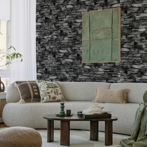 Peel and Stick 3D Foam Stone Wall Panels, Self Adhesive Wallpaper - color: Black Rock, size: 10 Pack