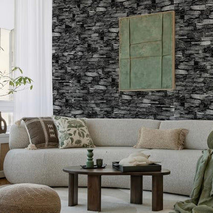 Peel and Stick 3D Foam Stone Wall Panels, Self Adhesive Wallpaper - color: Black Rock, size: 10 Pack