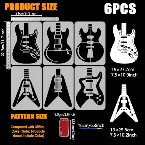 FINGERINSPIRE 6PCS Guitar Stencils 8.3x11.7 Inch Modern Guitar Body Painting Stencil Reusable Plastic Music Template with a Brush for Painting on Wood Wall Canvas Furniture Home Decor - style: Guitar