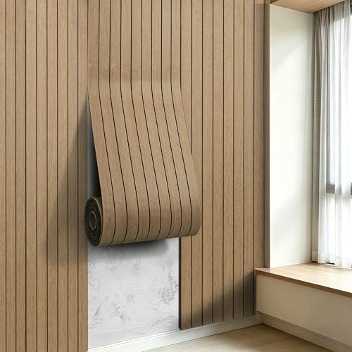 3D Peel and Stick Wall Panels PVC Grille Slat 394"x15.8" Self-Adhesive Wall Sticker Soundproof Paneling for Walls and Ceiling in Faux White Wood Grain Texture - color: Walnut Tone, size: 394"x15.8"