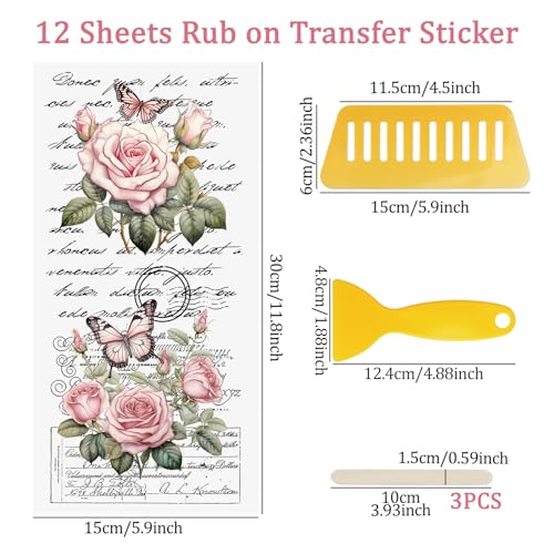 WANDIC 12 Sheets Retro Rub On Transfer Stickers,Pink Retro Flowers Decals Rose Stickers with Letters Furniture Windows Craft Wall Decals for DIY Scrapbooking,12 * 6in - color: Pink Flower, size: 12 Sheets