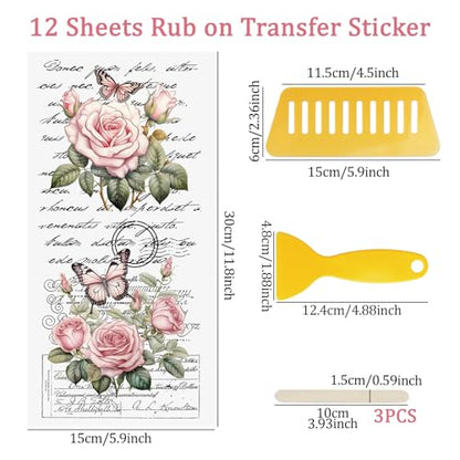 WANDIC 12 Sheets Retro Rub On Transfer Stickers,Pink Retro Flowers Decals Rose Stickers with Letters Furniture Windows Craft Wall Decals for DIY Scrapbooking,12 * 6in - color: Pink Flower, size: 12 Sheets