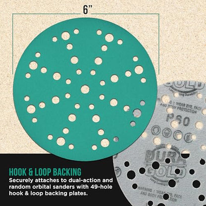 Dura-Gold 100 Grit 6" Green Film Sanding Discs, 49-Hole Pattern, Box of 50 - style: 100 Grit