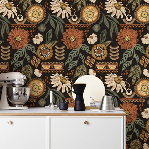 Simon&Siff Boho Floral Peel and Stick Wallpaper 17.3" x 800" - color: Bronze/Green, size: 17.3" x 800"