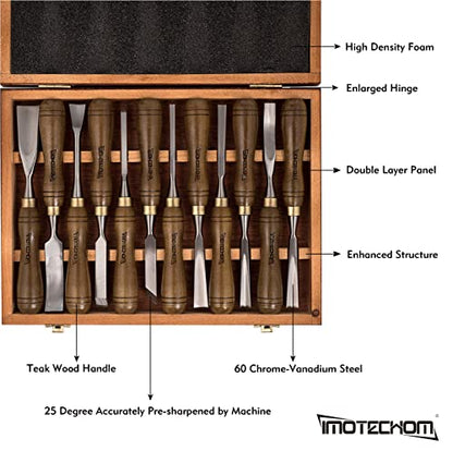 12-Piece Wood Carving Chisel Tools Set, Sharp CR-V Steel Blades - size: 12-Piece Carving Chisel