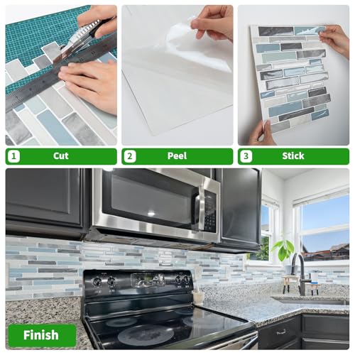 LONGKING Self-Adhesive Kitchen Backsplash, Marble Look Decorative Tiles (10 Tiles) - color: Blue