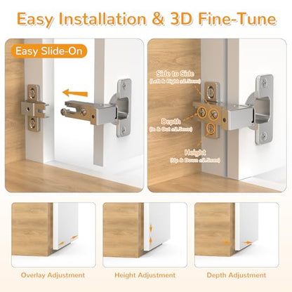 Chibery 4 Pack Face Frame Inset Cabinet Hinges, Soft Close 105° Insert Concealed Cabinet, Slide on Plate, Smooth Slow Self Closing Silent Hardware, 3D Heavy Duty for Blind Corner, Kitchen, Cupboard