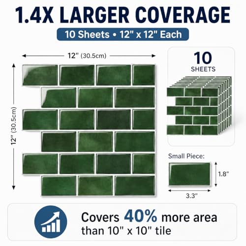 Zimtty Green Peel and Stick Backsplash Tile, 10 Sheets 12 x 12 Inch Self Adhesive 3D Wall Panels, Thick Subway Tile Stick on Wall Panels for Kitchen, Bathroom, RV, Fireplace - color: Green