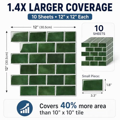 Zimtty Green Peel and Stick Backsplash Tile, 10 Sheets 12 x 12 Inch Self Adhesive 3D Wall Panels, Thick Subway Tile Stick on Wall Panels for Kitchen, Bathroom, RV, Fireplace - color: Green