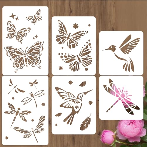 6Pcs 6 Styles Butterfly Stencil Template Insect Wall Stencil Hummingbird Dragonfly Pattern Reusable PET Plastic Hollow Out Drawing Templates for Wood Wall Glass DIY Crafts Home Art Decor - color: Insect
