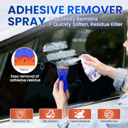 Adhesive Sticker Remover Spray with Goo & Glue – Rapidly Remove Decals, Window Tint, Glue Residue from Cars, Windshields, Glass, Walls & Boats, Includes Scraper & 10 Plastic Razors (4.1 oz)