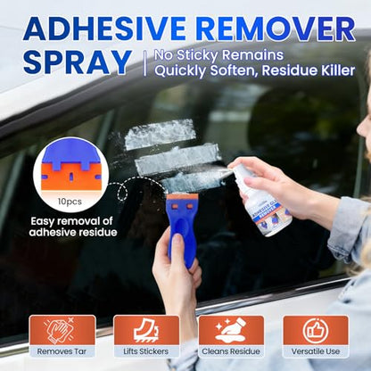Adhesive Sticker Remover Spray with Goo & Glue – Rapidly Remove Decals, Window Tint, Glue Residue from Cars, Windshields, Glass, Walls & Boats, Includes Scraper & 10 Plastic Razors (4.1 oz)