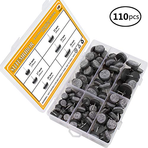 110PCS Furniture Pad Nails, Black Nail-on Slider Glide Felt Pads with Storage Box for Furniture Chair, Stools and Table Leg Feet, 6 Sizes - 14mm/ 17mm / 20mm / 22mm / 24mm / 28mm