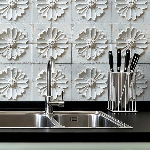Livelynine 17.5x276 White 3D Peel and Stick Wallpaper Tiles Wall Covering Panels for Kitchen Basement Removable Modern White Bathroom Ceiling Wallpaper Waterproof 3D Floral Contact Paper for Walls - size: 17.5" x 276"