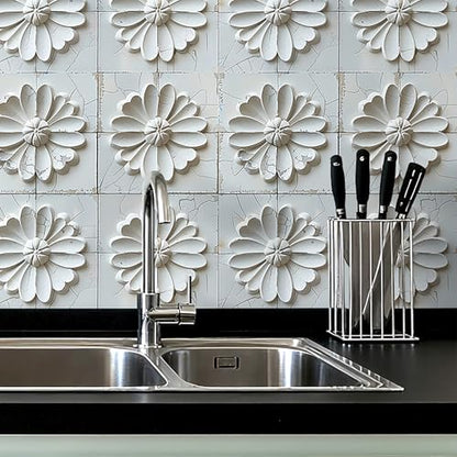 Livelynine 17.5x276 White 3D Peel and Stick Wallpaper Tiles Wall Covering Panels for Kitchen Basement Removable Modern White Bathroom Ceiling Wallpaper Waterproof 3D Floral Contact Paper for Walls - size: 17.5" x 276"