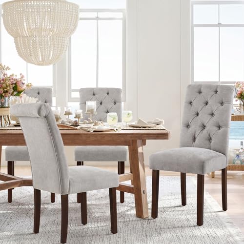 COLAMY Button Tufted Dining Chairs Set of 4, Parsons Upholstered Fabric Dining Room Chairs Kitchen Chairs with Wood Legs and Padded Seat, Light Grey - color: Light Grey, size: set of 4