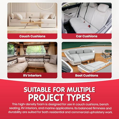 FOAMYFOAM High Density 4 inch Thick, 30 inch Wide, 96 inch Long Upholstery Foam, Cushion Replacement - size: 4" x 30" x 96" (1 Pack)