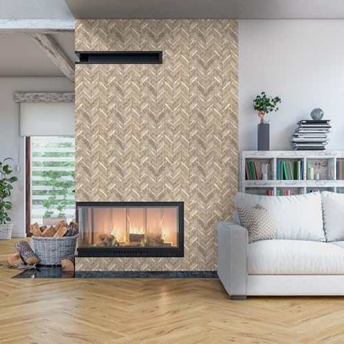 Yipscazo 10-Sheet Herringbone Backsplash Peel and Stick Tile, Beige Stone Mixed Metal Gold PVC Stick on Backsplash for Kitchen, Waterproof Self Adhesive Wall Tile for Bathroom - color: Beige Stone Mixed Metal Gold