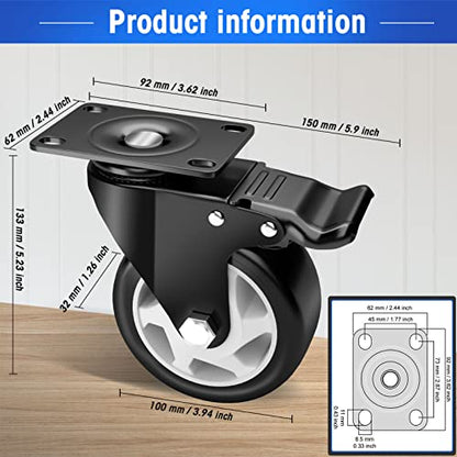 4" Swivel Plate Casters, 1200Lbs Capacity with Brake - color: Black, size: 4 Inch