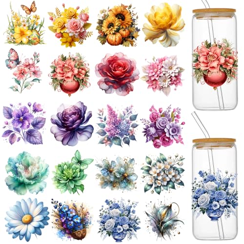 UV DTF Cup Wraps for 16 oz Glass Cups- 20 Sheets Flower Uvdtf Cup Wraps Vinyl Decals for Tumblers, Rub on Transfers for Crafts, Cold Transfer Stickers for Bookmarks, Wood Furniture, Water Bottles - style: Flower