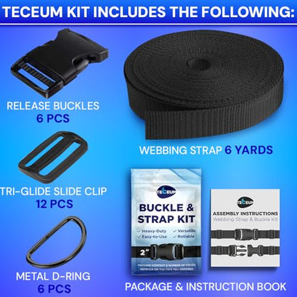 TECEUM 2" Nylon Strap Kit with Buckles, Black 6 yards Repair Set - color: Black, size: 2" - 6 yards, style: 6 Buckle - 12 Slides - 6 D-rind