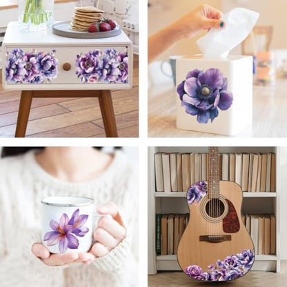 OLYCRAFT 3Pcs/Set Purple Flower Rub on Transfers for Furniture and Craft 6x12 Inch Peony Furniture Decal Transfer Sticker Rub on Decal with 1pc Scraper for Scrapbook Window Home Decoration - style: Purple Flower