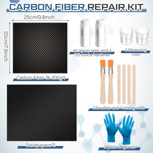 Teenyyou 15 Pcs Carbon Fiber Repair Kit 10 x 8 3K Plain Weave Carbon Fiber Fabric, 3.5 oz Epoxy Resin 1.8 oz Hardener and Tools for DIY Repairs on Car Bumper, Furniture, Bikes, Boats, Wall - style: Plain Weave