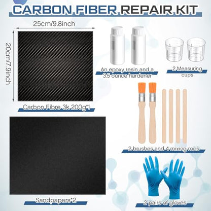 Teenyyou 15 Pcs Carbon Fiber Repair Kit 10 x 8 3K Plain Weave Carbon Fiber Fabric, 3.5 oz Epoxy Resin 1.8 oz Hardener and Tools for DIY Repairs on Car Bumper, Furniture, Bikes, Boats, Wall - style: Plain Weave