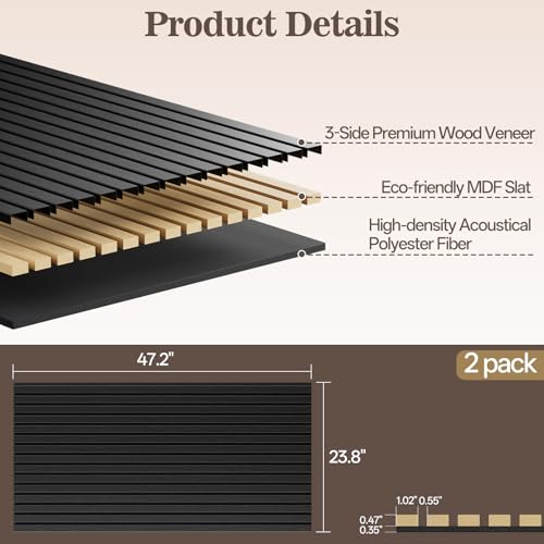 2 Pack Acoustic Wood Panels for Wall 47.24" x 23.81" Soundproof - color: Black, size: 47" x 23" (2 PCs)