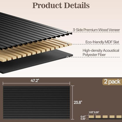 2 Pack Acoustic Wood Panels for Wall 47.24" x 23.81" Soundproof - color: Black, size: 47" x 23" (2 PCs)