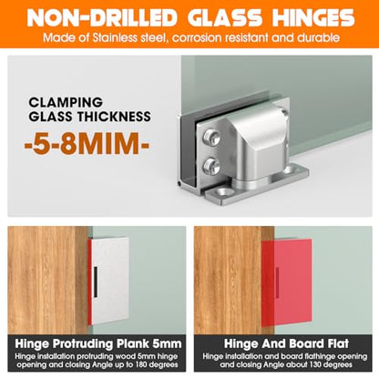 Glass Door Hinges,Soft Close,304 Steel for 5-8mm Thick Glass Door - color: Silver