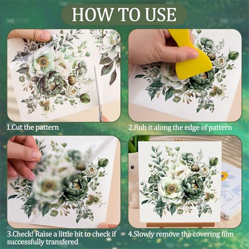 WANDIC 3 Sheets Rub On Transfer Stickers, Green Flowers Pattern Waterproof Decals Furniture Craft Embellishments for DIY Scrapbooking Photo Albums,15 * 30cm - color: Green