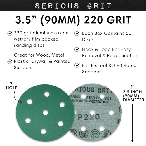 7-Hole 3.5-Inch / 90mm Sanding Discs for Festool RO 90 Rotex by Serious Grit - size: 220 Grit