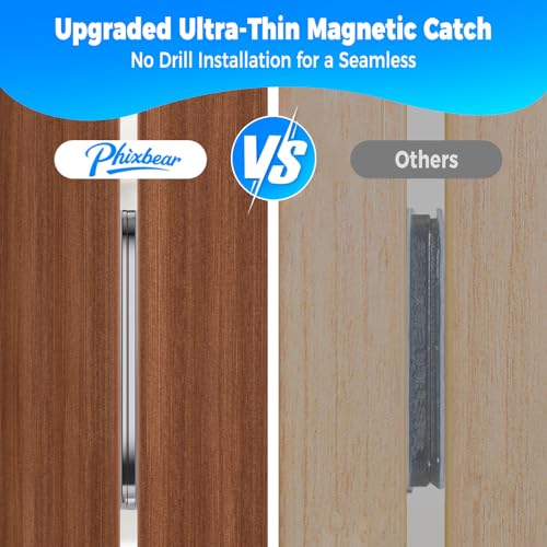 PHIXBEAR 9 Pairs Ultra-Thin Magnetic Cabinet Door Catch, No-Drill Adhesive Cabinet Magnets, Rust-Proof Stainless Steel Latches for Kitchen Cabinet Doors, Drawer, Closet, RV - Heavy Duty Silent Closure