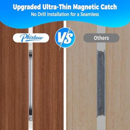 PHIXBEAR 9 Pairs Ultra-Thin Magnetic Cabinet Door Catch, No-Drill Adhesive Cabinet Magnets, Rust-Proof Stainless Steel Latches for Kitchen Cabinet Doors, Drawer, Closet, RV - Heavy Duty Silent Closure