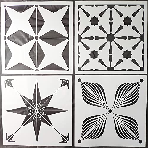 4 Pieces 8x8 Inch Reusable Template for Painting, Tile Stencils for Painting on Wood, Wall, Floor, Concrete Template for Patio, Large Stencils for Painting Floors - size: 8x8