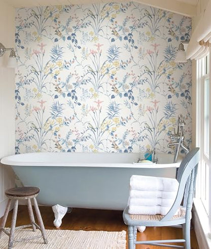 Erfoni Boho Floral Birds Wallpaper DIY Removable Peel and Stick Wallpaper - color: Blue, size: 16.9" x 197"