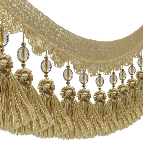 3yards Pom Pom Curtain Fringe Trim Beads Ball Tassel Trimming Sewing Ribbon Upholstery Fabric (Gold) - color: gold