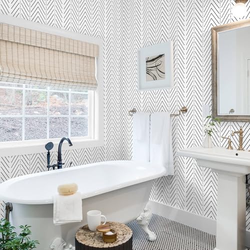 Black and White Wallpaper Striped Contact Paper Modern Wall Paper Peel and Stick Herringbone Renter Friendly Self-Adhesive Waterproof Removable Bathroom Bedroom Vinyl 17.3" x 78.7" - color: White and Black, size: 17.3" x 78.7"