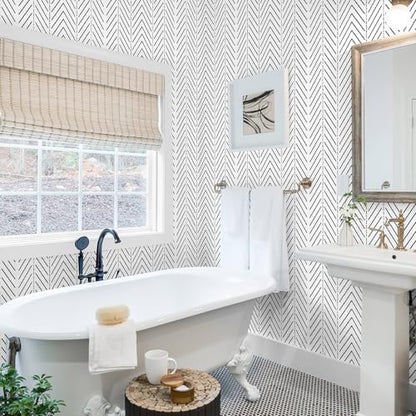 Black and White Wallpaper Striped Contact Paper Modern Wall Paper Peel and Stick Herringbone Renter Friendly Self-Adhesive Waterproof Removable Bathroom Bedroom Vinyl 17.3" x 78.7" - color: White and Black, size: 17.3" x 78.7"