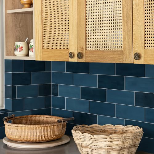 100-Sheet Subway Peel and Stick Backsplash Tile, 6" x 3" Blue Mixed Stone Composite Handmade Looks Self Adhesive Waterproof Wall Tile, Stick on Tiles for Kitchen Bathroom - color: Blue Mixed, size: Subway