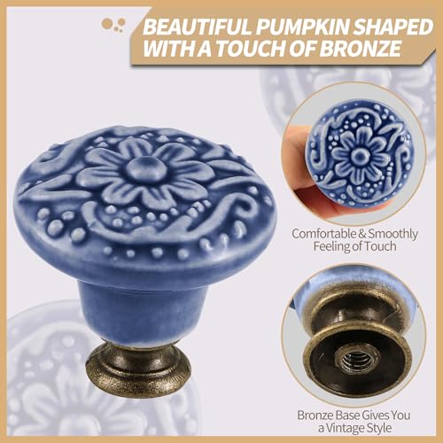 Ceramic Knobs, Embossed Floral Design - Greyish Blue, 20pcs - color: Greyish Blue