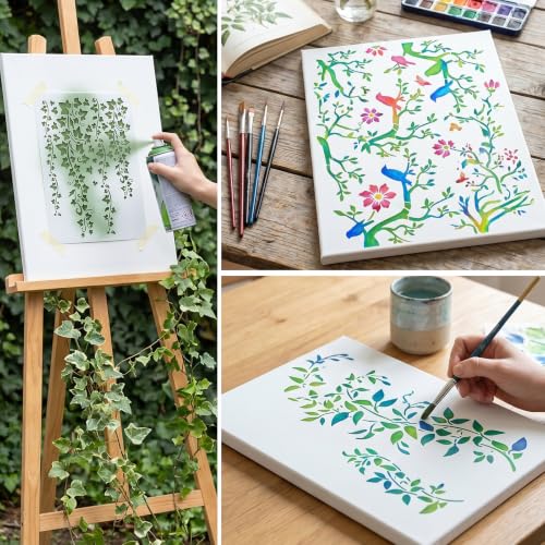 5Pcs Stencils for Crafts Reusable,Tree Leaf Vine Stencils for Painting on Wood, Large Bird Branches Wall Stencil, Leaf Stencil for Painting Wall Furniture Canvas Floor Home Decor