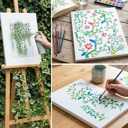 5Pcs Stencils for Crafts Reusable,Tree Leaf Vine Stencils for Painting on Wood, Large Bird Branches Wall Stencil, Leaf Stencil for Painting Wall Furniture Canvas Floor Home Decor