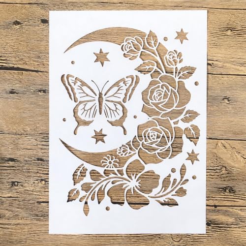 TIAMECH A4 Reusable Crescent Moon Rose Butterfly Stencil for Painting - color: Crescent Moon Rose Butterfly